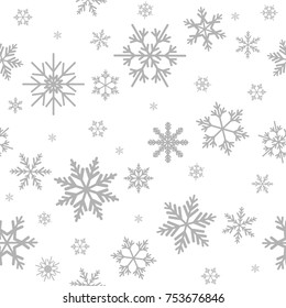 Winter seamless pattern with flat silver grey snowflakes on white background. New Year backdrop. Vector Christmas background for fabric, textile, wrapping paper, card, invitation, wallpaper.