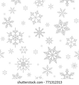 Winter seamless pattern with flat silver grey snowflakes on white background. New Year backdrop. Vector Christmas background for fabric, textile, wrapping paper, card, invitation, wallpaper.
