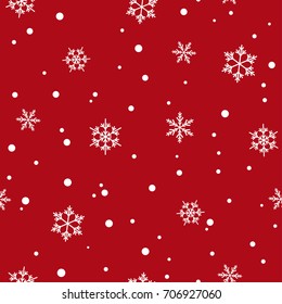 Winter seamless pattern with flat white snowflakes and dots on red background. New Year backdrop. Vector Christmas background for fabric, textile, wrapping paper, card, invitation, wallpaper.