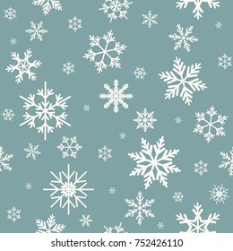 Winter seamless pattern with flat white snowflakes on powder blue background. New Year backdrop. Vector Christmas background for fabric, textile, wrapping paper, card, invitation, wallpaper.