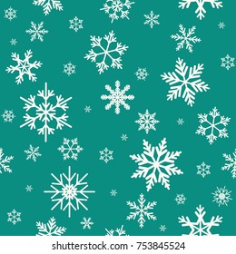 Winter seamless pattern with flat white snowflakes on aquamarine blue background. New Year backdrop. Vector Christmas background for fabric, textile, wrapping paper, card, invitation, wallpaper.