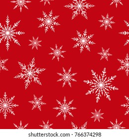 Winter seamless pattern with flat white snowflakes on deep red background. New Year backdrop. Vector Christmas background for fabric, textile, wrapping paper, card, invitation, wallpaper.