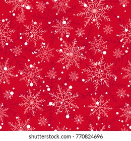 Winter seamless pattern with flat white snowflakes and dots on red background. New Year backdrop. Vector Christmas background for fabric, textile, wrapping paper, card, invitation, wallpaper.