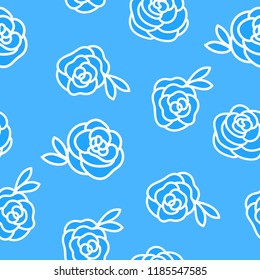 Winter seamless pattern. Flower roses hand drawing. Vector white illustration isolated on blue background.