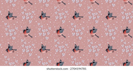 Um padrão sem emenda de inverno com bolachinhos voadores e neve caindo em um fundo rosa quente. Perfeito para embalagens de férias, têxteis acolhedores, artigos de papelaria sazonais e desenhos digitais acolhedores.