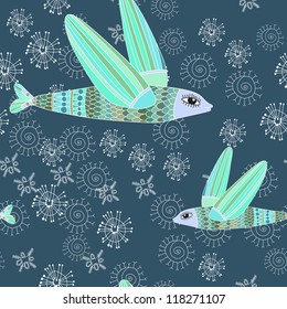 Winter seamless pattern with flying fishes. Vector illustration