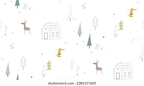 Winter seamless pattern with forest animals and houses. Vector illustration