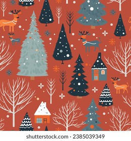 Winter seamless pattern with forest and deer. Trendy retro style. Vector illustration