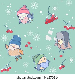 Winter seamless pattern of funny birds wearing hats