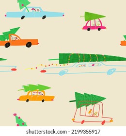 Winter seamless pattern with funny cars delivering Christmas tree. Holiday wrapping paper or background.