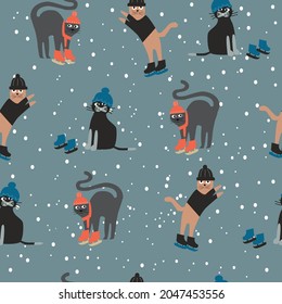 Winter seamless pattern of funny cats dressed in warm winter clothes standing under the snow in skates. Vector illustration