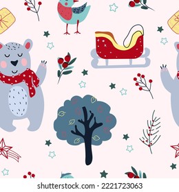Winter seamless pattern with funny polar bear in a scarf, Christmas sleigh, bird, and stars around. Bright winter pattern can be used as textile, fabric, wallpaper, banner and other. Vector