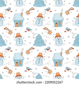 Winter seamless pattern with funny snowman and cute house