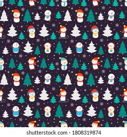 Winter seamless pattern with funny snowmen in different costumes in Christmas trees on a dark background.