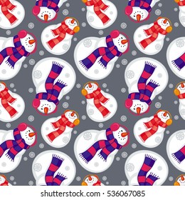 Winter seamless pattern with funny snowmen. Vector clip art.