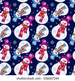 Winter seamless pattern with funny snowmen. Vector clip art.