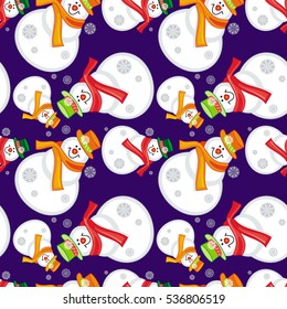 Winter seamless pattern with funny snowmen. Vector clip art.