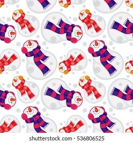 Winter seamless pattern with funny snowmen. Vector clip art.