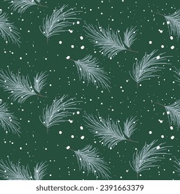 Winter seamless pattern for gift wrap paper with pine tree and snow background. Green and white Christmas wrapping or cloth table design.