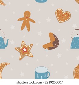 Winter seamless pattern with ginger cookies in flat style, kettle and cup - star, heart, gingerbread man, fortune cookie