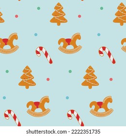 Winter seamless pattern with gingerbread and confetti. Gingerbread in the form of a Christmas tree, a horse and Santa's sticks. Merry Christmas. Holiday banner design. Cooking background.