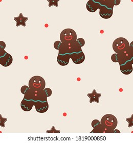 Winter seamless pattern with gingerbread cookie in flat design Vector illustration with bright gingerbread men and polka dot on beige backdrop