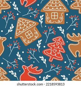 Winter seamless pattern gingerbread cookies for Christmas. New year decorated cookie. Holiday symbols. Festive background of homemade winter sweets. Christmas repeating texture for surface design