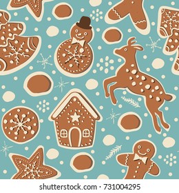Winter Seamless Pattern with gingerbread cookies. Colorful Modern Design. Vector Illustration.