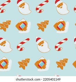 Winter seamless pattern with gingerbread. Gingerbread in the form of Santa Claus, a Christmas tree and a snow-covered house. Merry Christmas. Holiday banner design. Cooking background.