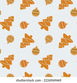 Winter seamless pattern with gingerbread. Gingerbread in the form of a Christmas tree and toy balls. Merry Christmas. Holiday banner design. Cooking background. Christmas background.