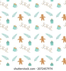 Winter seamless pattern - gingerbread man, candle, garland, branch, cup of cocoa on white background