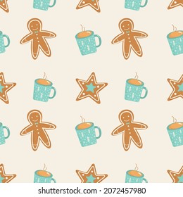 Winter seamless pattern - gingerbread man, cookies star with icing and cup of cocoa