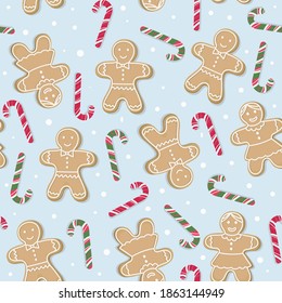 Winter seamless pattern. Gingerbread men and sweet sweets. Symbols of Happy New Year and Merry Christmas, home decorations.For gift wrapping paper, covers, fabrics