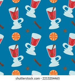 Winter seamless pattern with glasses of mulled wine, spices and orange. Merry Christmas. Holiday banner design. Christmas background.