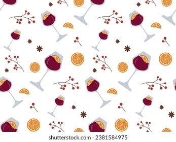 Winter seamless pattern with glasses of mulled wine, spices and orange. Merry Christmas and holiday banner design. Christmas, New Year background. Vector illustration for wallpaper, textile, wrapping