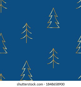 Winter Seamless Pattern, Gold Christmas Tree on Blue background