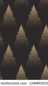 Winter Seamless Pattern with Gold Fir Trees and Pines in Snow. Coniferous Forest. Christmas Decoration. Vector illustration