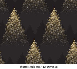 Winter Seamless Pattern with Gold Fir Trees and Pines in Snow. Coniferous Forest. Christmas Decoration. Vector illustration