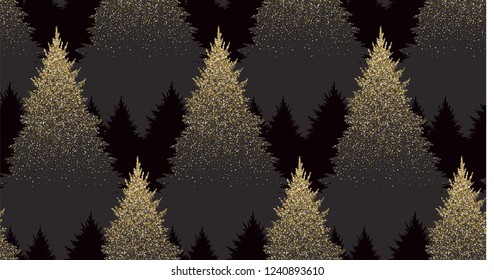 Winter Seamless Pattern with Gold Fir Trees and Pines in Snow. Coniferous Forest. Christmas Decoration. Vector illustration