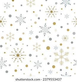 Winter seamless pattern with gold and pastel snowflakes. Design for packaging, banner background, invitation, greeting card. Vector.
