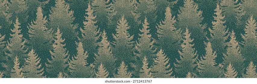 Winter seamless pattern with golden fir trees and snowy pines. Elegant Christmas forest gold. Coniferous woodland vector design for festive wrapping paper, holiday background, ornament, seasonal decor