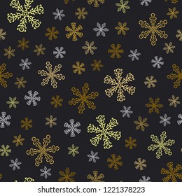 Winter seamless pattern with golden snowflakes on black background. Endless holiday ornament for banner, greeting card, paper packaging, invitation. Vector illustration.