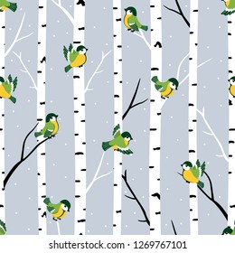 Winter seamless pattern with great tits and birch trees.