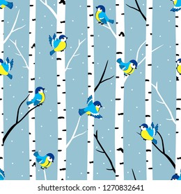 Winter seamless pattern with great tits and birch trees.