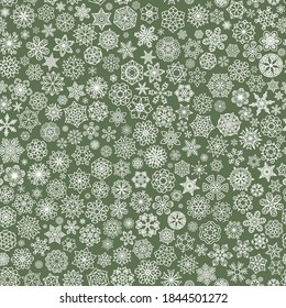 Winternahtloses Muster in grüner Farbe mit weißen Schneeflocken. Vektorgrafik