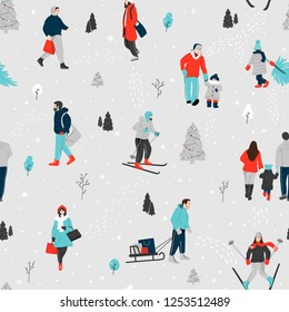 Winter seamless pattern with group of men and women performing outdoor activities. Happy young people walking, carrying shopping bags, skiing. Family with baby and single at Christmas time. Vector