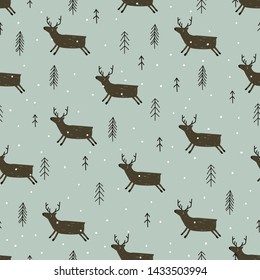 Winter seamless pattern. Hand drawn deer and trees. Vector wrapping paper. Snowy background.