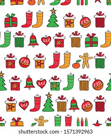 Winter seamless pattern with hand drawn colorful Christmas elements. Background for gift wraps, textiles, wallpapers and scrapbook. Vector.