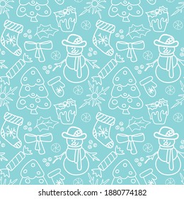 Winter seamless pattern  hand drawn in doodle style on a blue background. Layout for wallpaper, digital paper textile, packaging, design and creativity