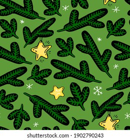 Winter seamless pattern. Hand drawn doodle illustration. Green christmas pattern, fir branches and stars.
